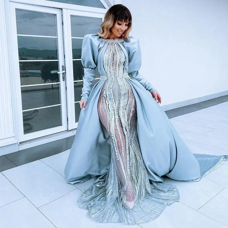 

Major Beading Pearls Miuslim Evening Dresses Aso Ebi Long Sleeves Mermaid Prom Dress Luxury Long vestidos de fiesta