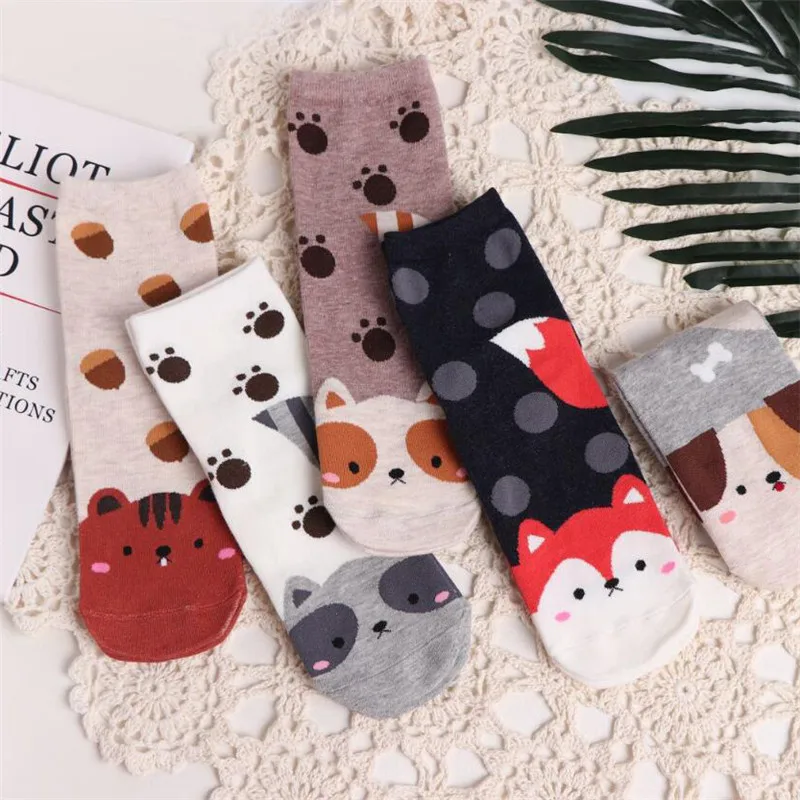 5pair women cartoon socks cat small dog animal invisible socks cotton slippers summer women husky ankle kawaii cute socks NO BOX