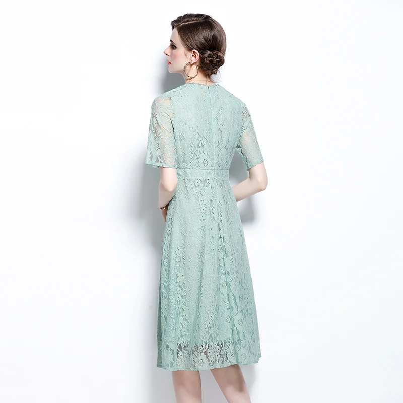 

Simgent Light Green Lace Dress Women Collar Short Sleeve Hollow Out Elegant A Line Summer Dress Vestidos Femme Robe SG16131