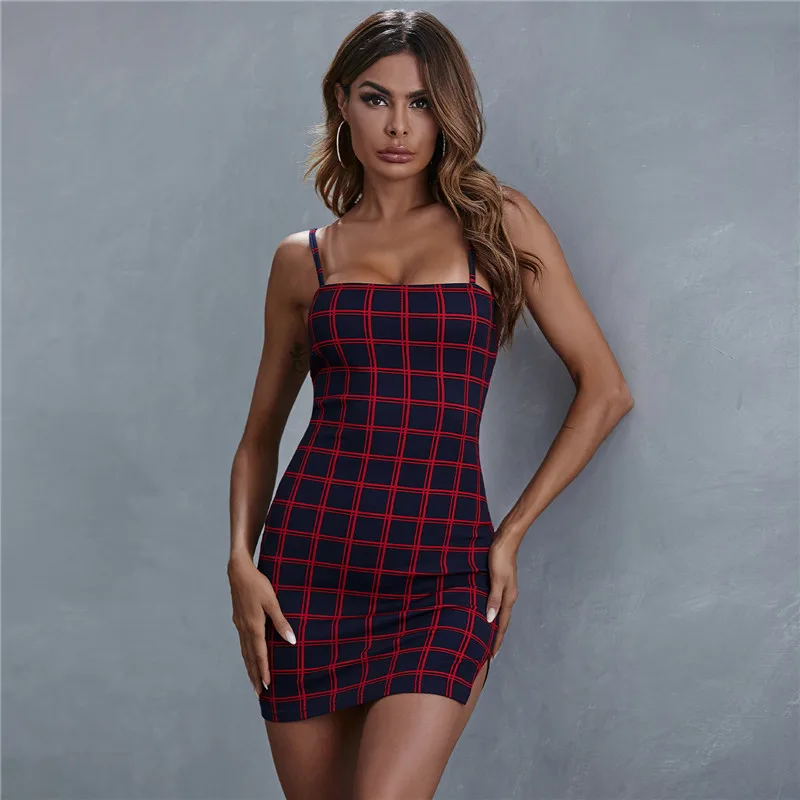 

New Plaid Women Dress Fashion Spaghetti Strap Sleeveless Slash Neck Summer Dress Sexy Backless Package Hips Mini Pencil Vestidos