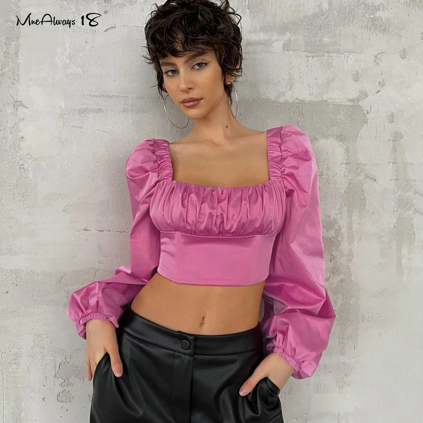 

Укороченные блузки Mnealways18 с квадратным воротником, плиссированные хлопковые рубашки с рукавами-фонариками, весна 2022, Женская туника на молн...