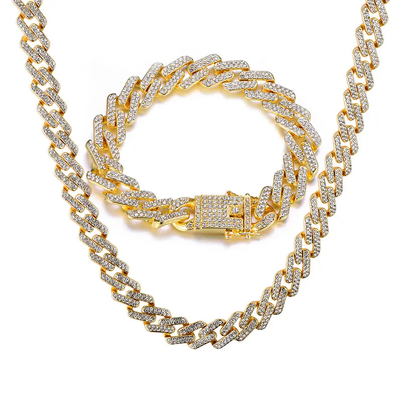gold set D&Z, 13 мм, в стиле хип-хоп, со льдом, Bling, циркониевые, в стиле Майями, кубинские звенья, ожерелья-цепочки для мужчин, модные ювелирные изделия, 1 комплект, Прямая поставка - Окраска металла: gold set