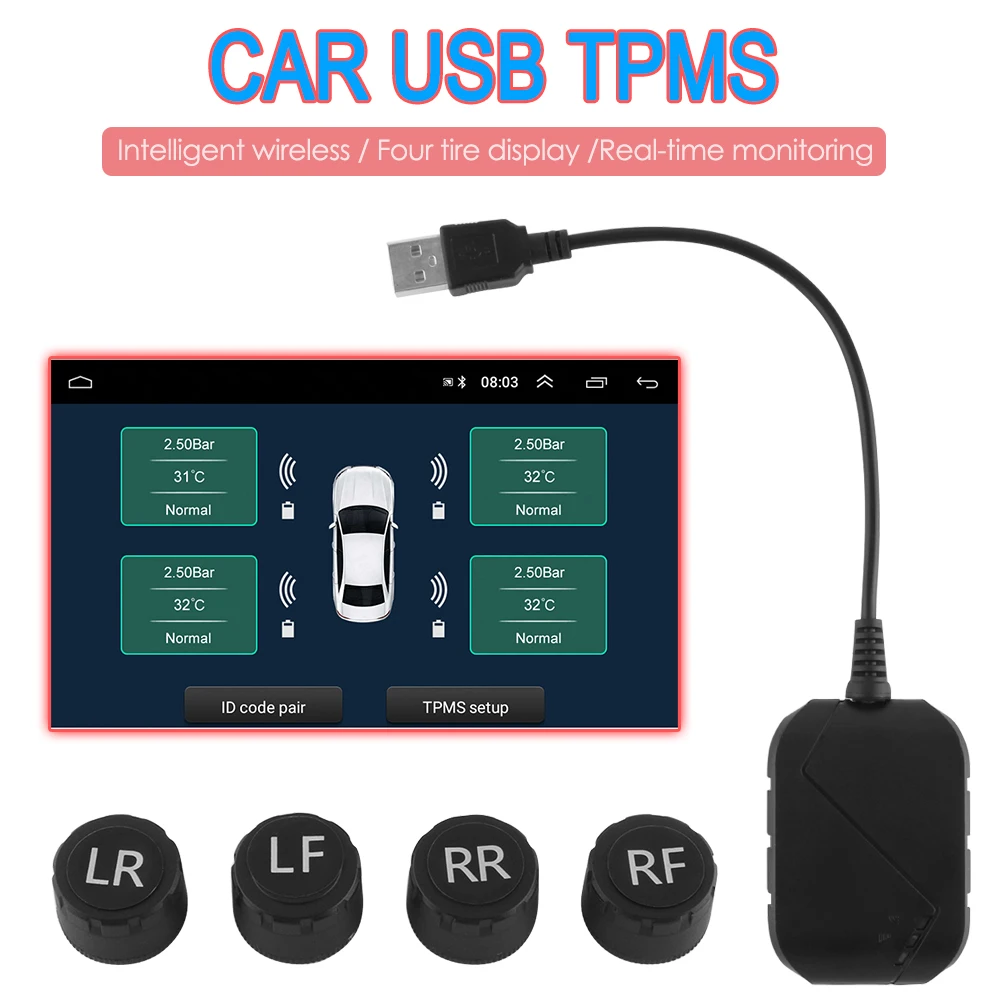 

USB Android TPMS Car Tire Pressure Monitor Alarm System Car Radio DVD Player Wireless Transmission TPMS with 4 External Sensors