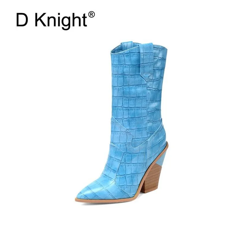 Модные женские ботинки из яркой кожи ковбойские с острым носком в ковбойском