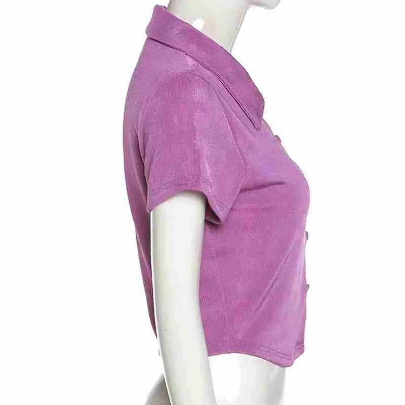 

Sexy Women Button Short Sleeve T-shirt Ribbed Summer Net Red Single-breasted Crop Top Clothes Tshirt vintage Women Clothes