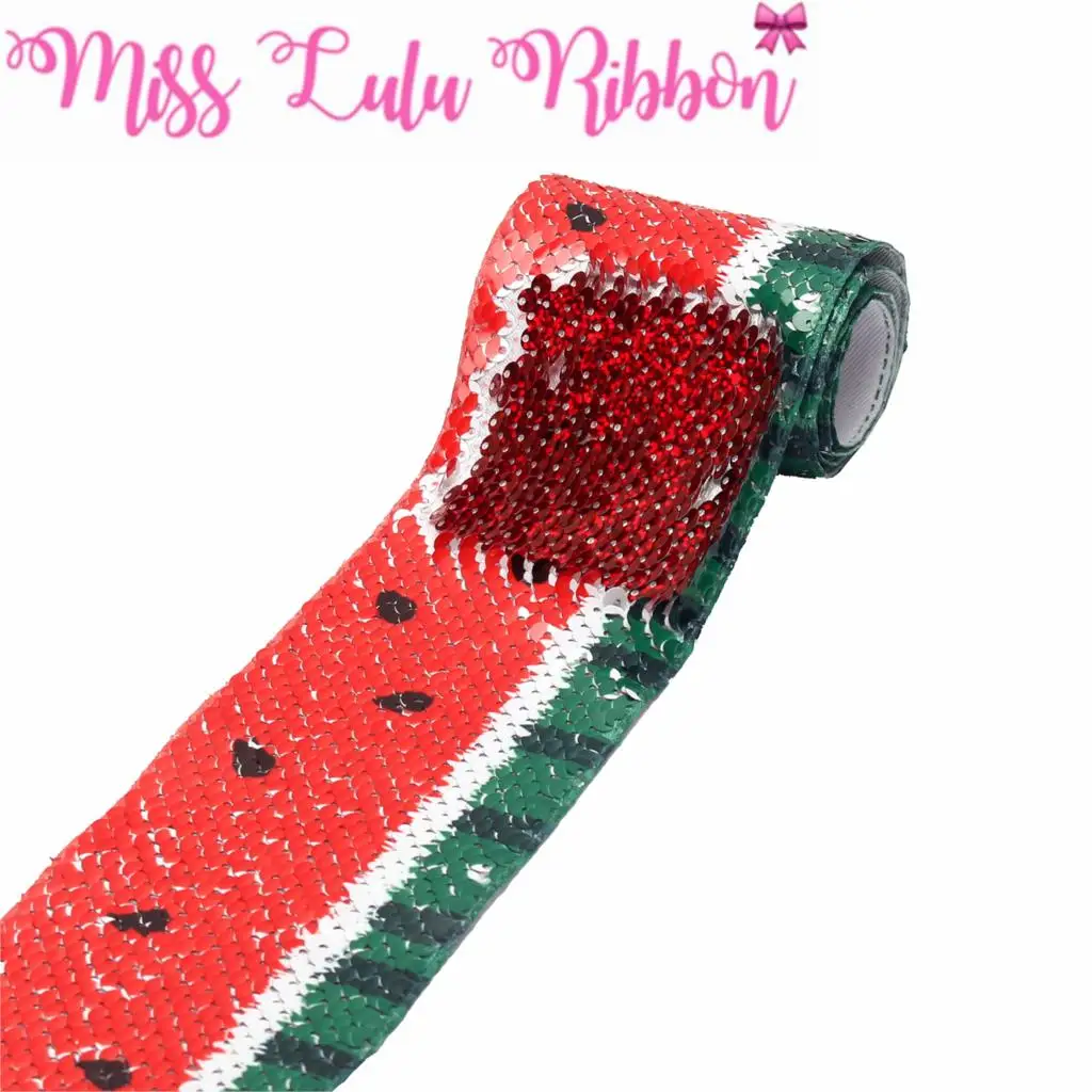 3&quot75mm Fruits Series Summer Watermelon Printed Double Reversible Hologram Red Sequin Ribbon DIY Hair Bowknots 46yards | Дом и сад