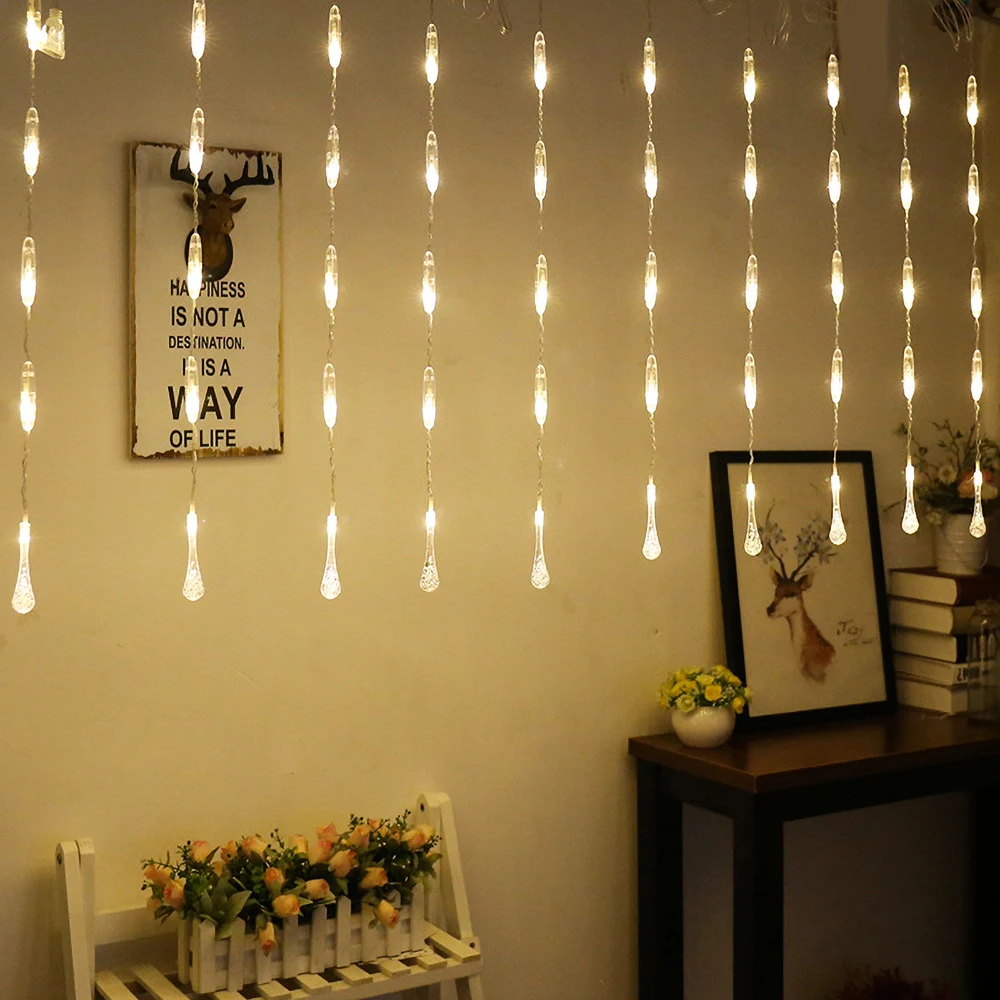 Warm White 2,5 м светодиодный капли воды звезды занавес огни 220 в ЕС Рождественская гирлянда Фея открытый для свадьбы Праздничное оформление - Испускаемый цвет: Warm White