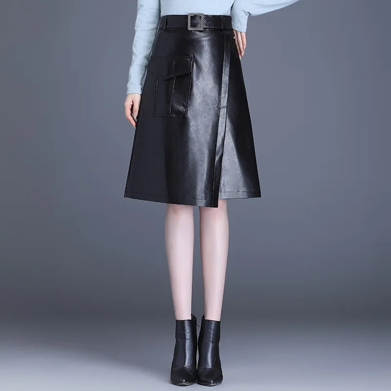 

PU Leather High Waist A-line Black Skirt Women Autumn Winter Elegant Chic Slim Casual Female Knee-length Skirts 9909