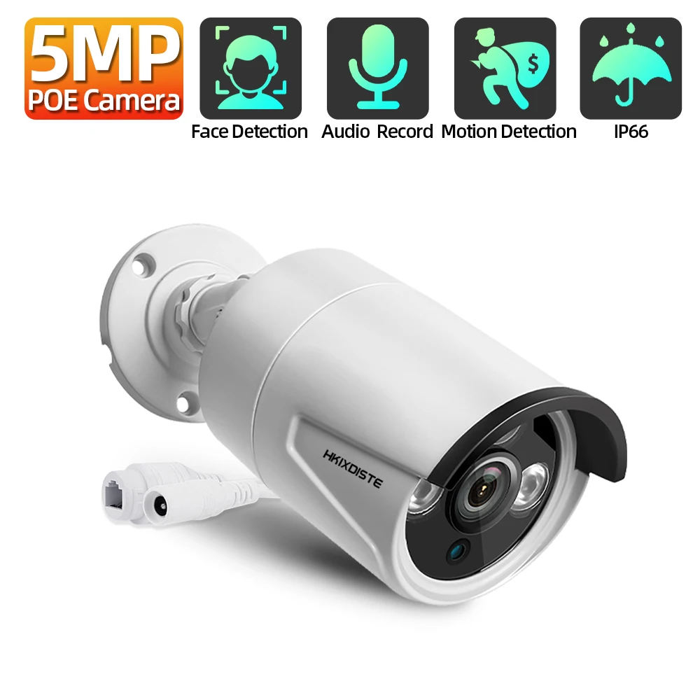 

5MP Bullet IP Camera POE Outdoor Indoor 30m IR Security Camera With Microphone Face/Motion Detection IP66 H.265 Home Monitoring