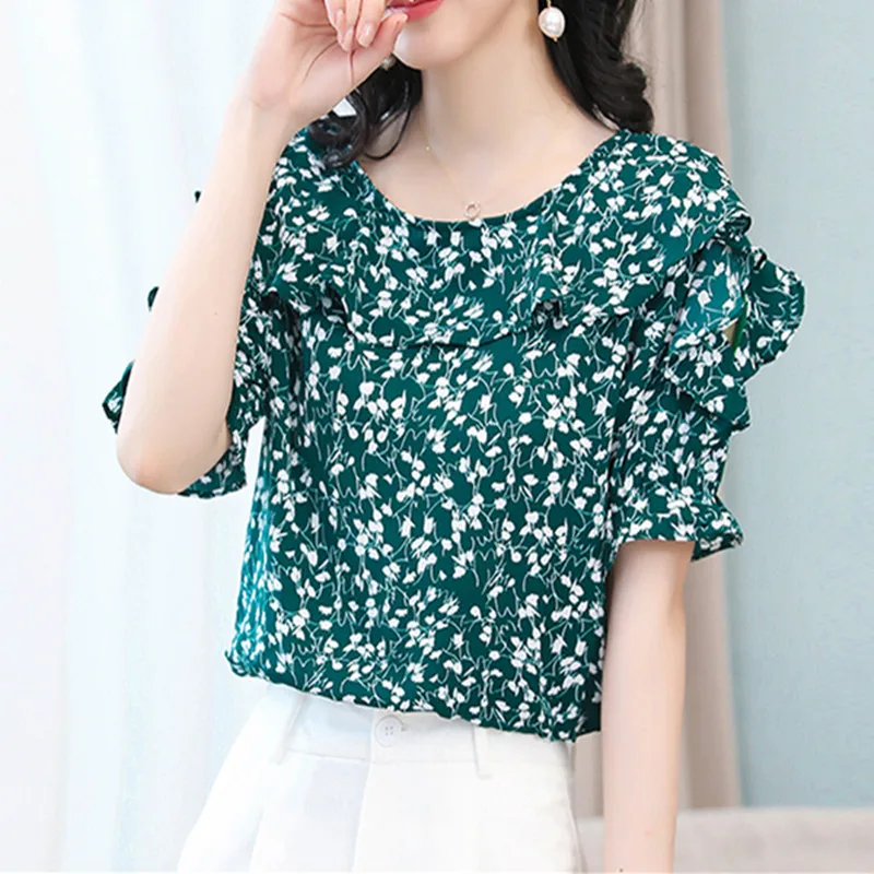 Женская шифоновая рубашка Корейская женская с коротким рукавом и цветочным