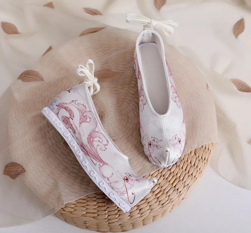 

2021printed Ancient Style Hanfu Shoes Women's Height Increasing Insole Bow Shoes Ancient Costume Matching Shoes Women