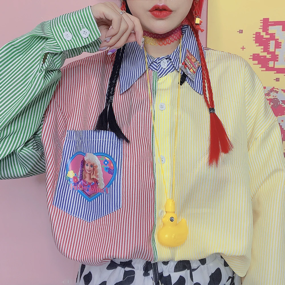 

New Autumn Long-sleeved Striped Women Shirt Loose Cartoon Print BF Style Shirt Female Harajuku Sweet Hit Color Blouse Mujer