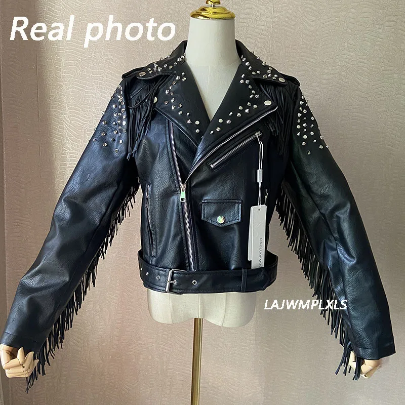 Куртка женская мотоциклетная из искусственной кожи Черная байкерская верхняя