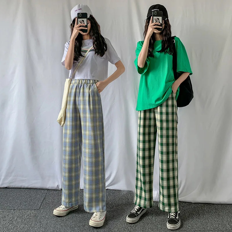 

2020 spring autumn trousers wide-leg women's trousers regular style polyester material lattice pattern fashionable loose