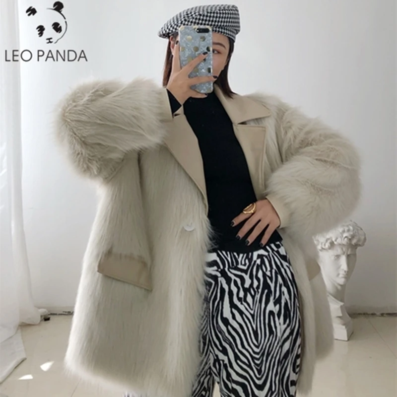 Fur V-Neck Fashon Coat Women Fluffy Warm Long Sleeve Female Outerwear Autumn Winter Jacket Collarless Overcoat | Женская одежда