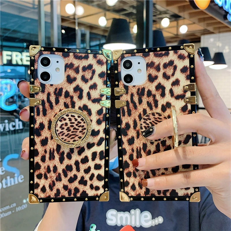 

Fashion Leopard print Phone Case for iPhone 8 7 6S 6 Plus 11 11Pro Max X XR Xs Max Diamond Ring Case Luxury Girl Iphone 8 Case