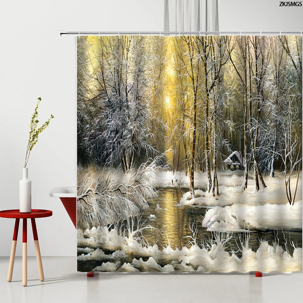 Занавеска для душа с крючками водонепроницаемая Шторка ванной изображением леса