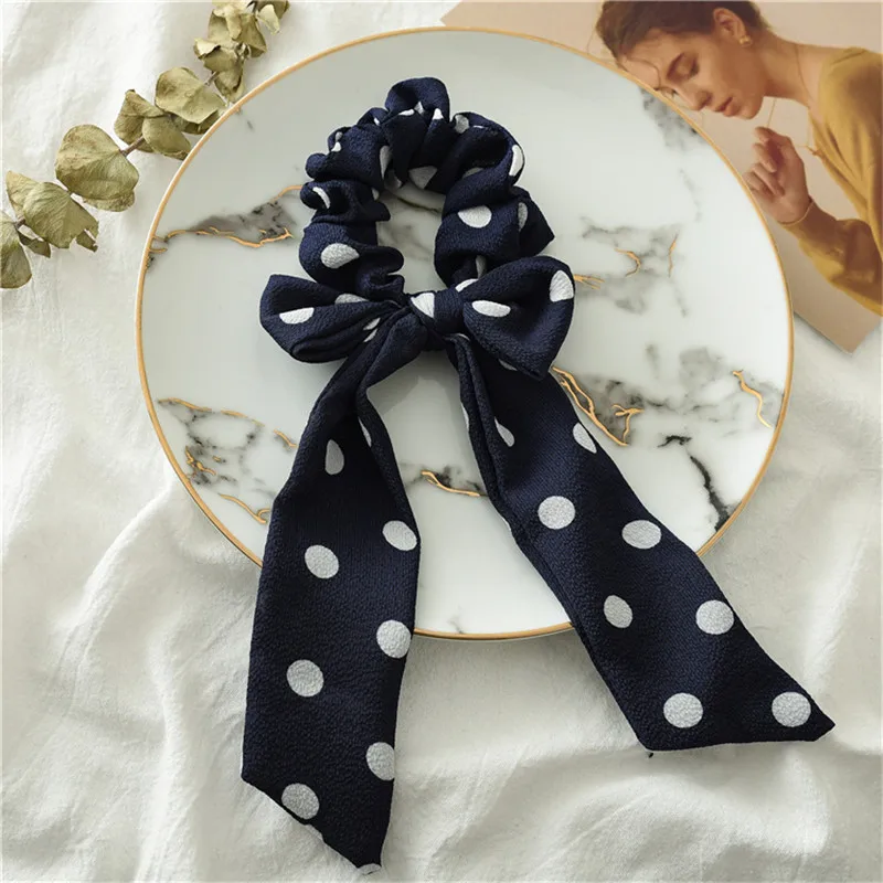 Long Dots Navy Blue Женские резинки для волос в горошек с бантиками, резинки для волос в виде конского хвоста для девочек, резинки, резинка для волос, аксессуары для волос, головные уборы - Цвет: Long Dots Navy Blue