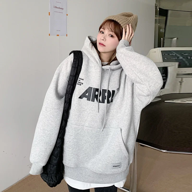 Серая плюшевая толстовка женская осень-зима 2021 новый милый крутой нишевый дизайн