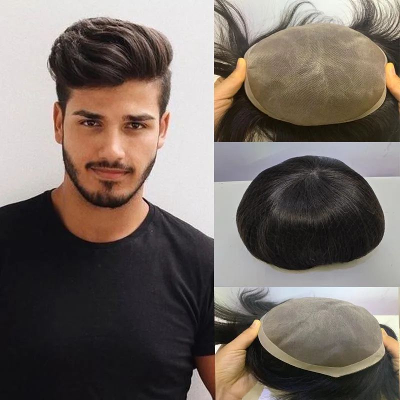 HairPiece Wig Men Toupee Human Hair Wig Natural Handmade Mens Toupee Mono PU Replacement Systems Natural Straight Black