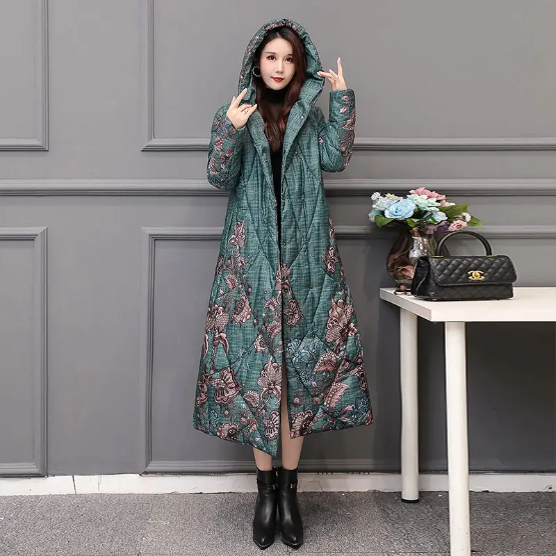 

Vintage Etnic Style Cotton Parka Women's X-Long Loose Hooded Lightweight Padded Jacke Printed Winter Coat Outwear Abrigos y1073