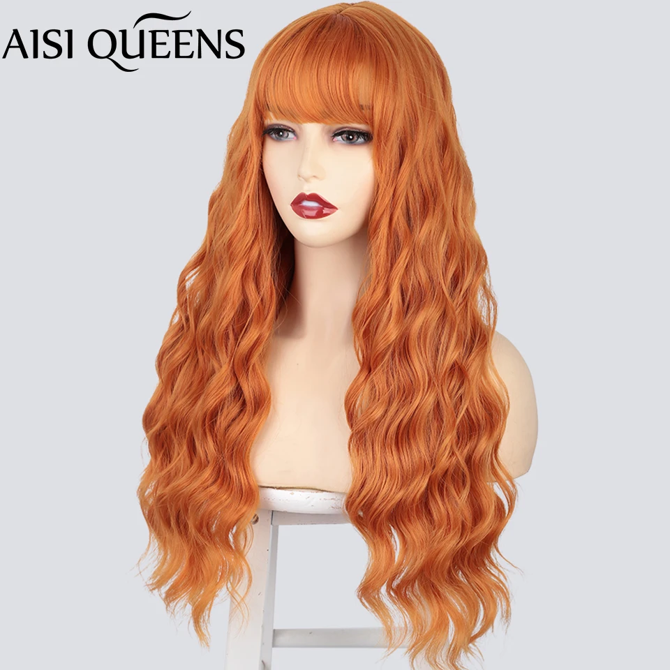 AISI Queen длинные волнистые парики оранжевые синтетические с челкой для женщин