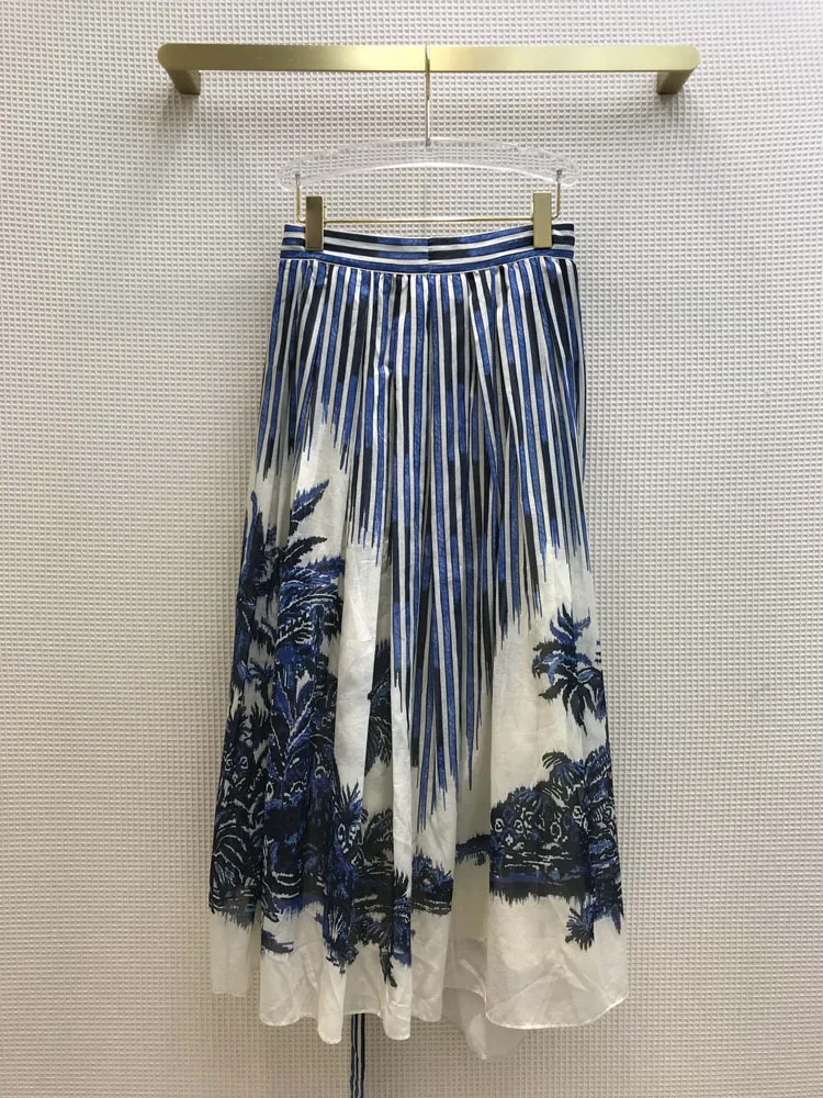 2020 Summer Striped Skirts for Women Luxury Brand Lace Up High Waist Big Hem Loose Skirts Plant Print Holiday Casual Skirts Lady