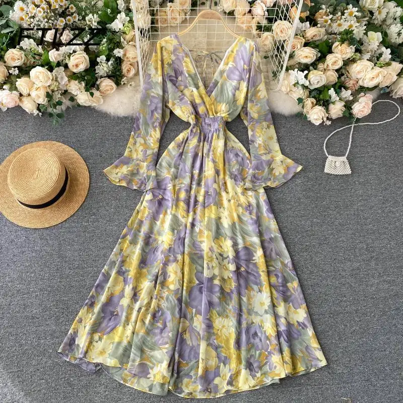 

Women Sexy Boho Dress New 2020 Spring Autumn Long Sleeve V Neck Backless Long Dresses Ladies Vintage Floral Printed Dress