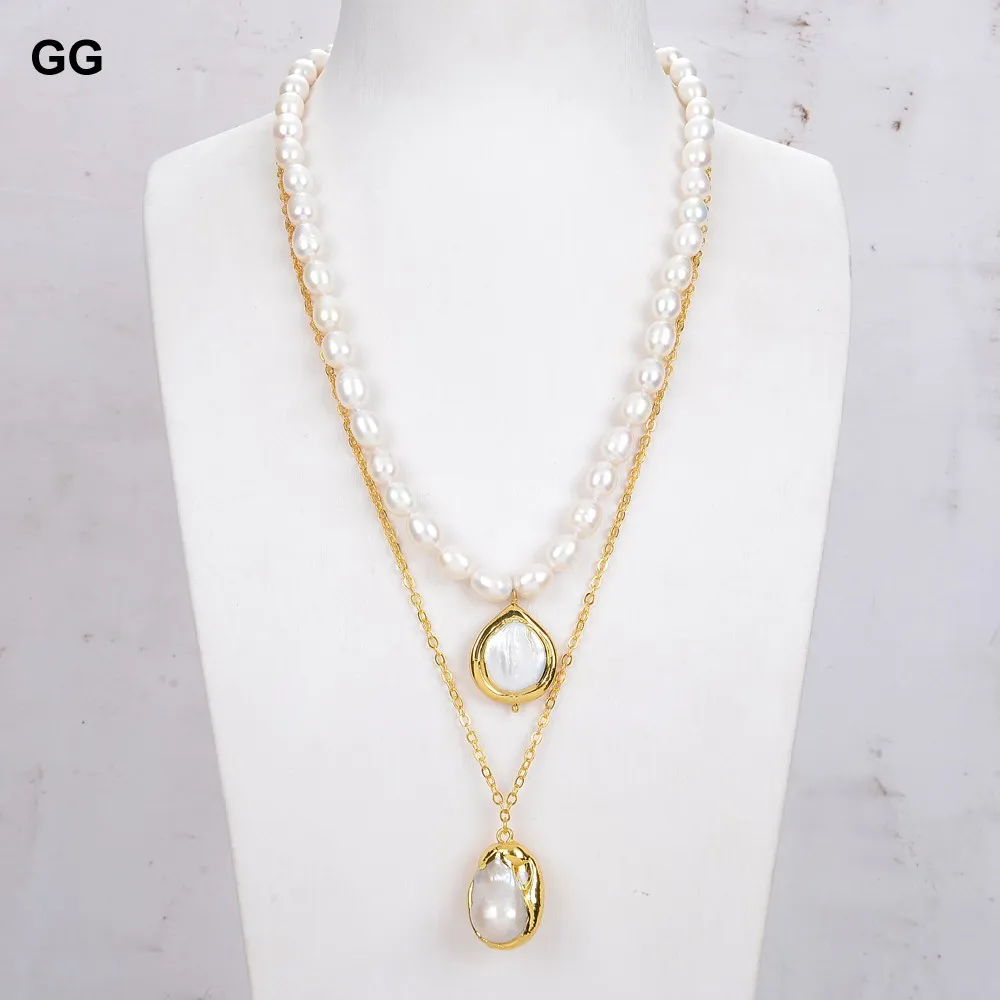 

G-G Jewelry Natural Cultured White Pearl White Quartzs Druzy Charm Gold Color Plated Chain Layers Statement Necklace 17.5"