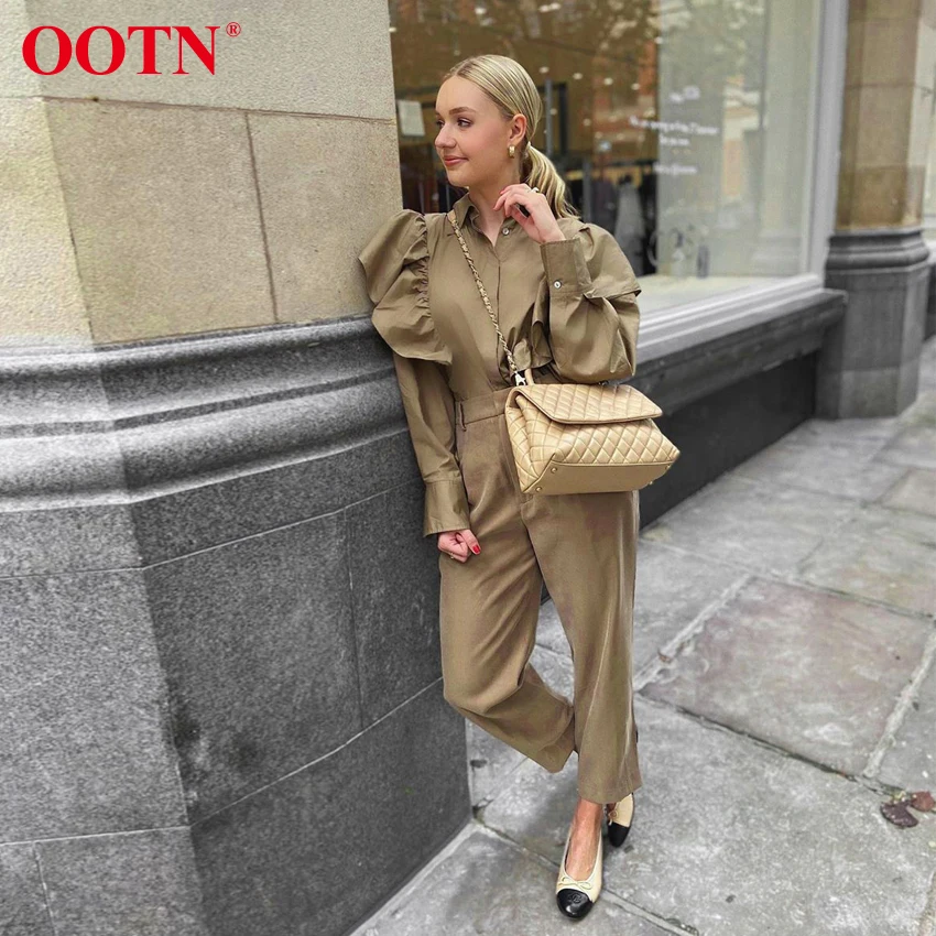 Женская блузка с оборками OOTN элегантная офисная цвета хаки длинными рукавами