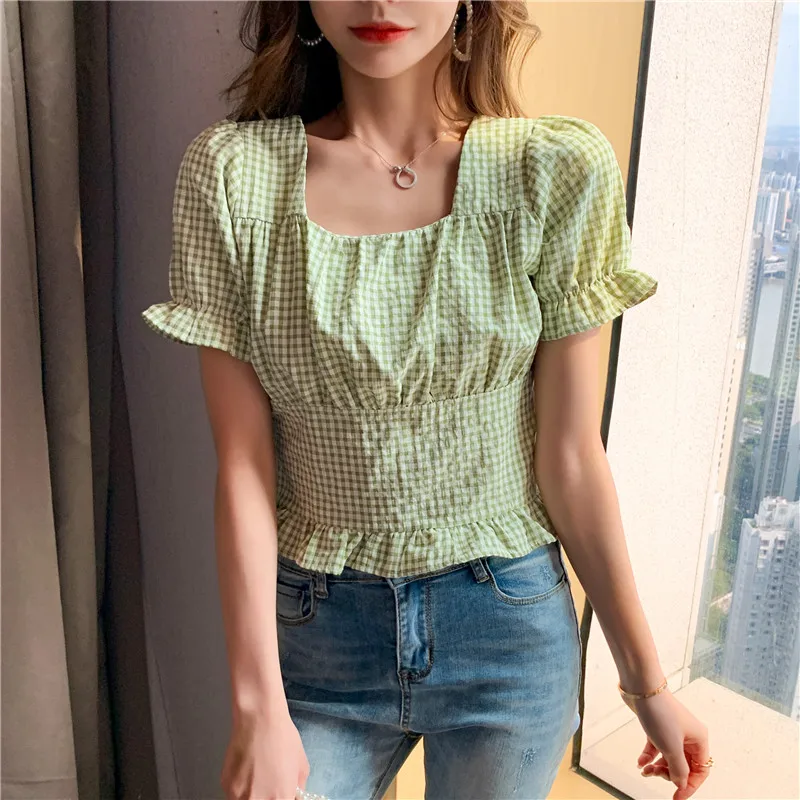 

Summer Women's Shirt Chiffon Blouses for Women Folds Fashion Square Collar Shirt Women's Clothing 2021 Grid Blouse Female Shirts