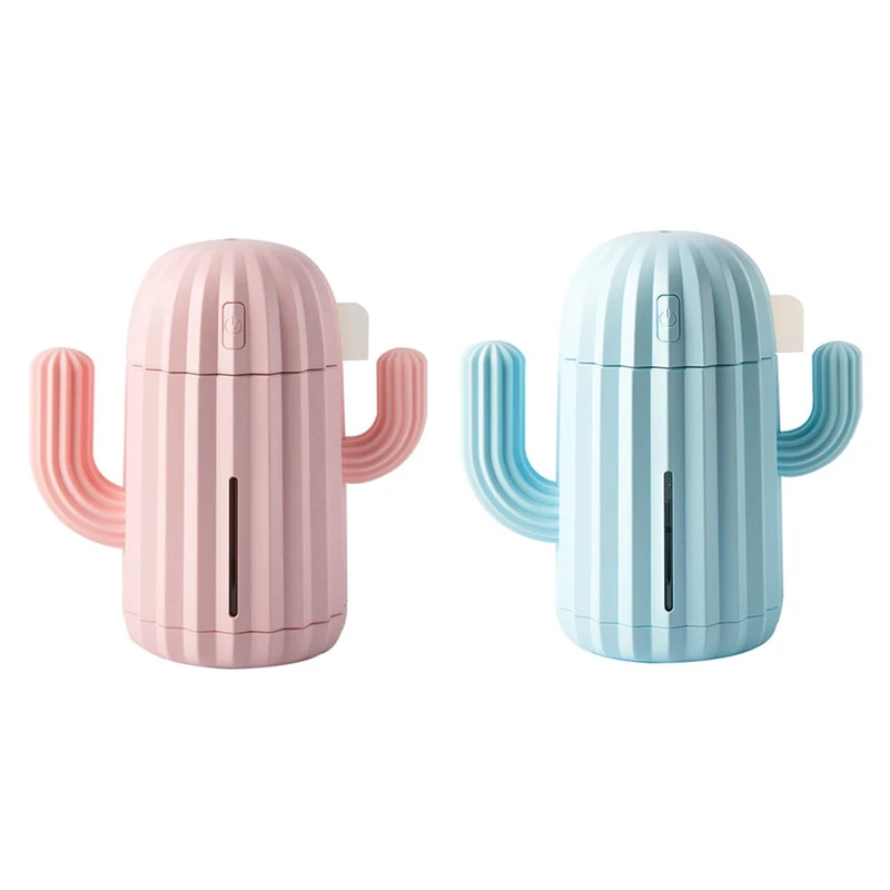 

2 Set USB Air Humidifier Cactus 340ML Timing Aromatherapy Essential Oil Diffuser Fogger Mini With Light, Pink & Blue