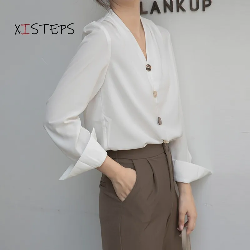 French Style V-neck Chiffon Blouses Women 2021 Professional Chic Shirts White Autumn Spring OL Office Work Wear Designer Tops