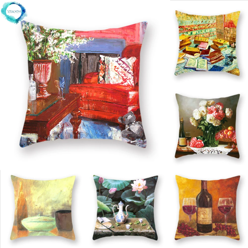 Retro Oil Painting Red Wine Flower Lotus Print Decorative Cushion Cover Polyester Pillowcase Bedroom Decor Pillow Cover 45x45cm
