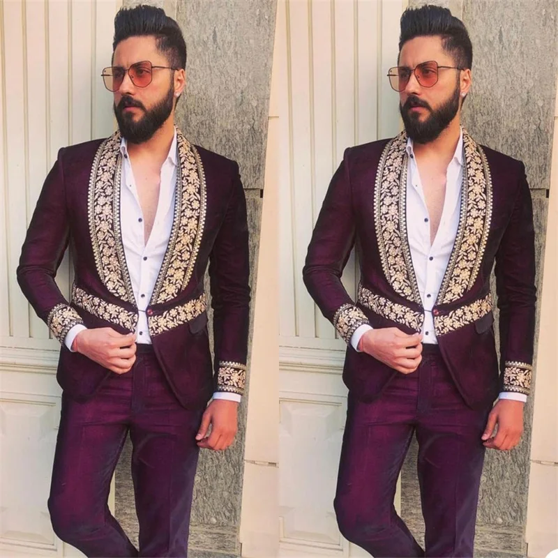 

2 Pieces Lace Floral Men Suits Purple Coat+Pant Custom Made Handsome Wedding Tuexdos Formal Luxury Tailored Costumes Hommes