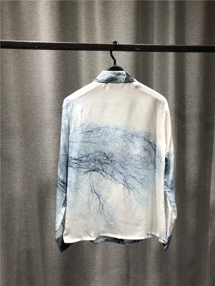 

Lapel Long Sleeve Landscape Pattern Silk Printing T-shirt Femme 2021 New Spring Summer Women Shirt