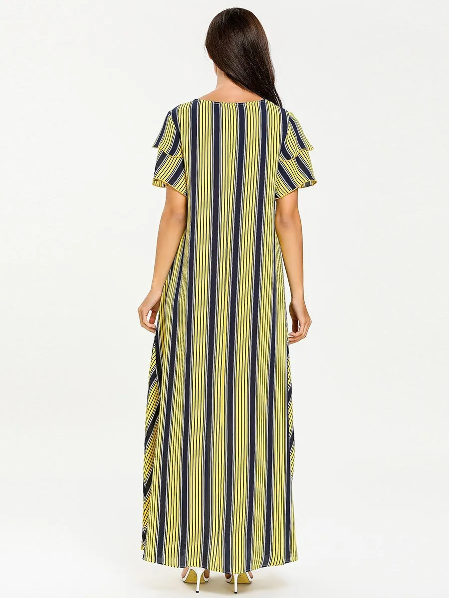 

Moroccan Kaftan Large Size Women's Fashion Embroidered Striped Embroidery Short-Sleeved Summer Autumn Musulmane Arab Dress