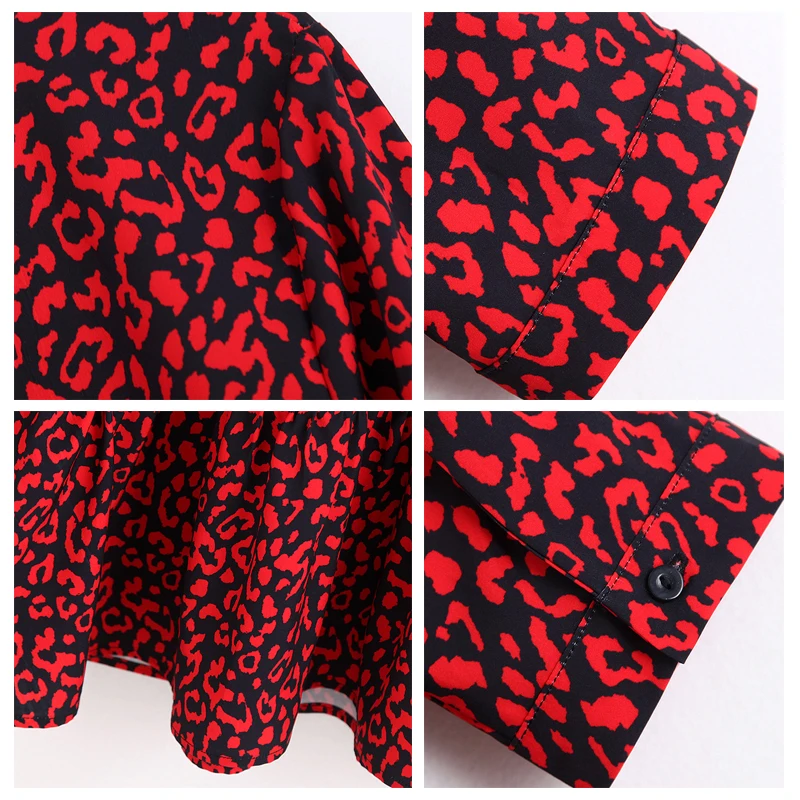 ROHOPO круглый воротник красный принт с животными длинный рукав черное платье миди