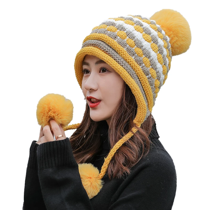 

Плюшевые шапки с кроликом, женские зимние модные шапки, милая шапка с углублением, шапки с шариками для студентов, теплые вязаные шапки