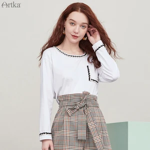 Женская футболка из чистого хлопка ARTKA, белая футболка с длинным рукавом и круглым вырезом, TA25005Q, на раннюю осень 2020