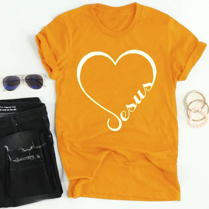 

Women Jesus Heart Christian Hipster Floral Casual Letters Summer Tee Funny Short Sleeve Ladies Yellow Top T-Shirt