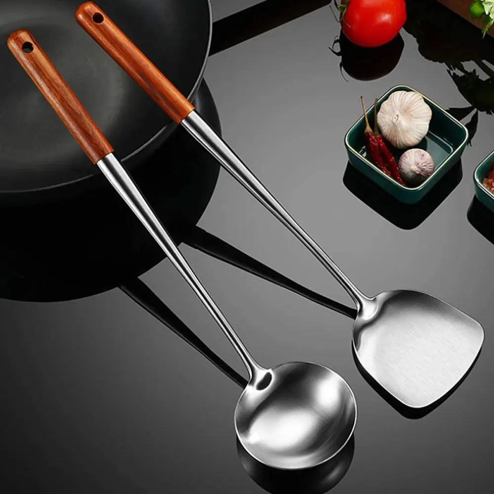 Cookware Kitchen Utensils Cooking Tools Sets Tableware Kitchenware Long Handle Wok Spatula Iron Ladle Stainless Steel 2 Pcs
