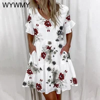 women ruffles dress summer casual floral print v neck mini dress elegant short sleeve pocket color block beach party dresses