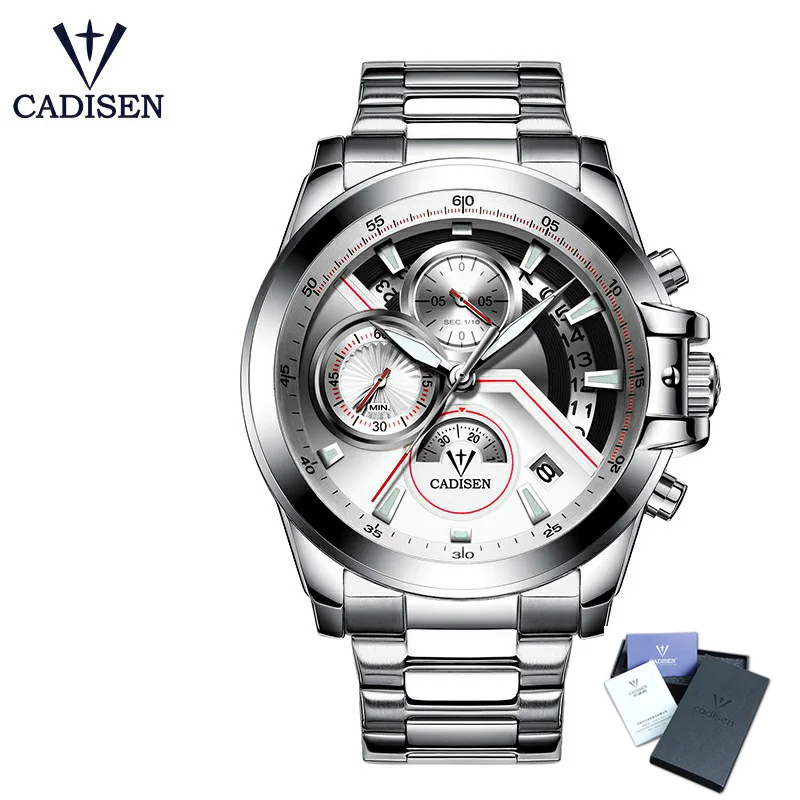 White Steel Box CADISEN Горячие мужские часы Новая мода армейский бренд Роскошные Спортивные Повседневные водонепроницаемые мужские наручные часы кварцевые из нержавеющей стали мужские наручные часы - Цвет: White Steel Box