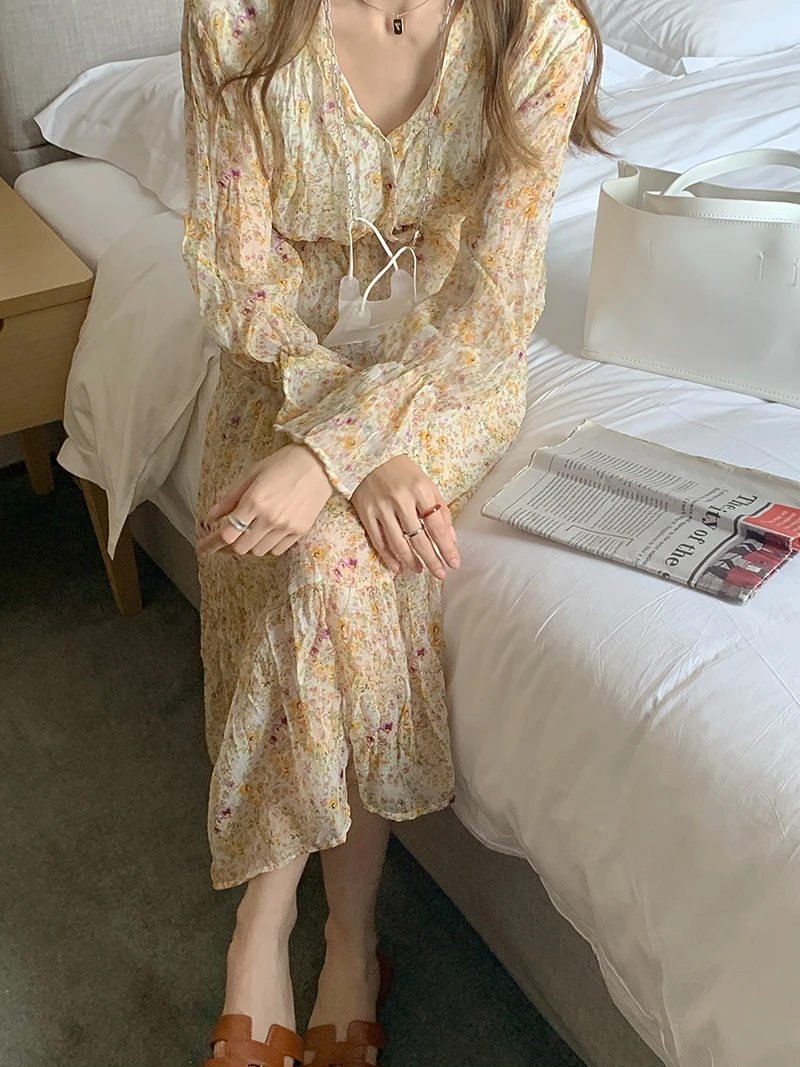 

Korean Fashion Summer V-Neck Fold Long Sleeve Floral Print Midi Dress Women Casual Officewear Vestido
