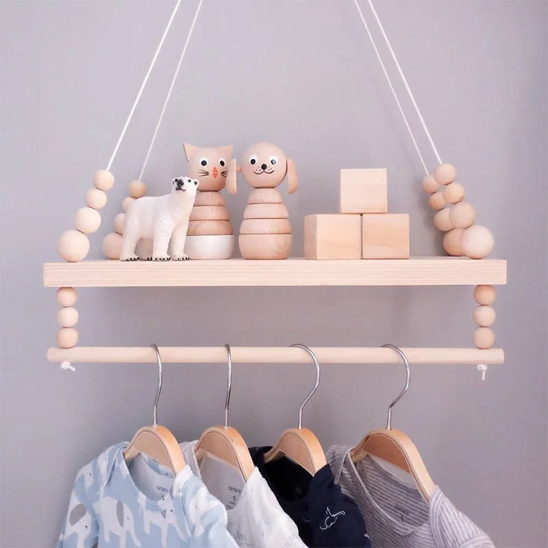 

Nordic Style Wooden Shelf Children Room Wall Hanging Decoration Wooden Bead Double Layer Coat Rack Organizer Home Décor