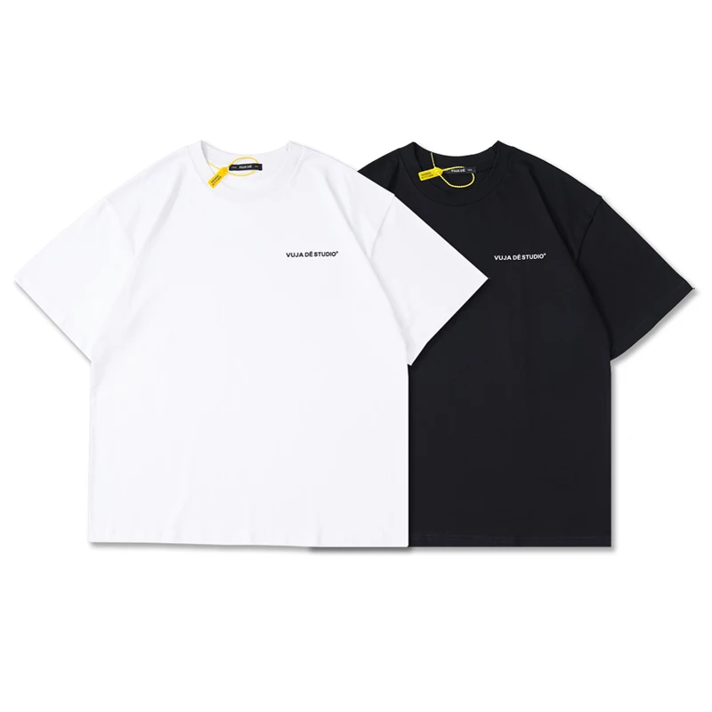 

American street style VUJADE solid color simple letter printed T-shirt casual loose o-neck 100% cotton short sleeve t-shirt man