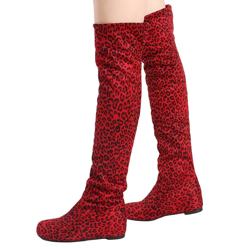 

Women Leopard Print Boots 2022 Autumn Winter Ladies Fashion Flat Bottom Boots Shoes Over The Knee Thigh High Suede Long Boots
