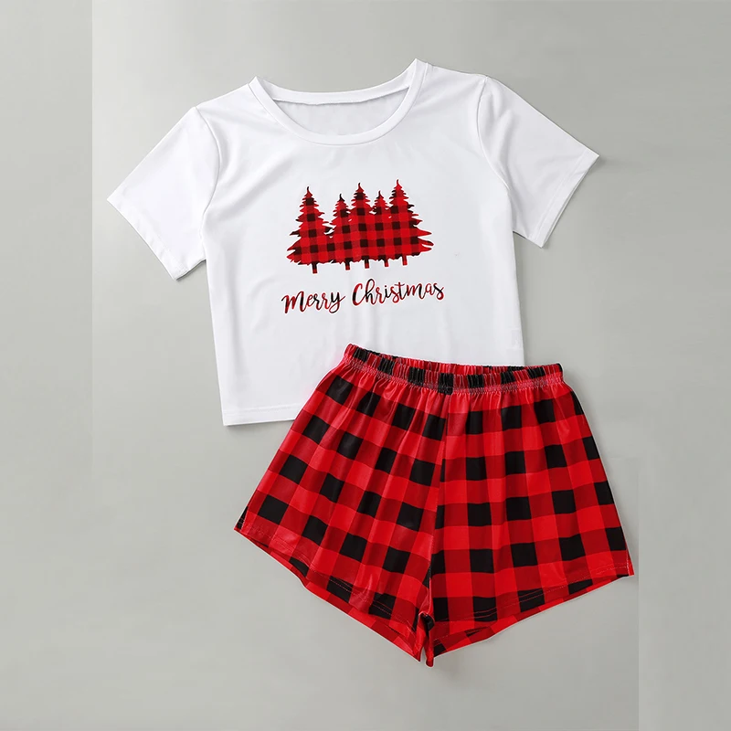 

2020 Casual Funny Christmas Tree Letter Print Short Sleeve Tshirt Plaid Shorts Christmas Women Pajama Sets Dropshipping