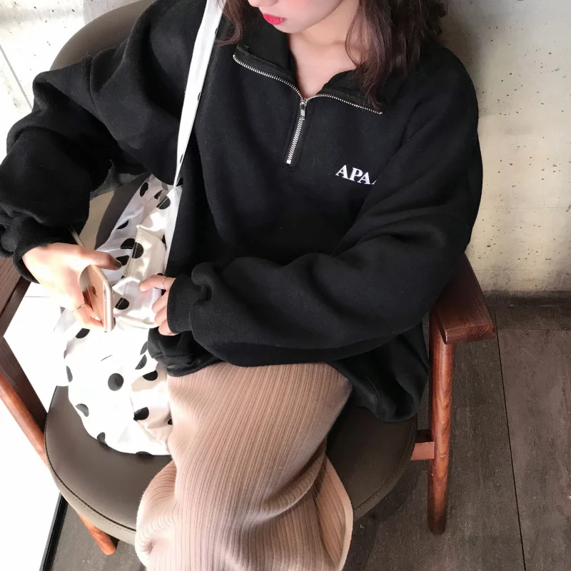 

Hoodies Women Korean Style Letter Trendy Leisure Womens All-match Turn-Down Collar Zipper Pullover Sweatshirts Loose Female Chic